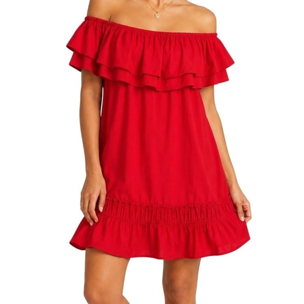 English Factory Women Red Off Shoulder Ruffle Dress Medium Cotton Mini Pockets